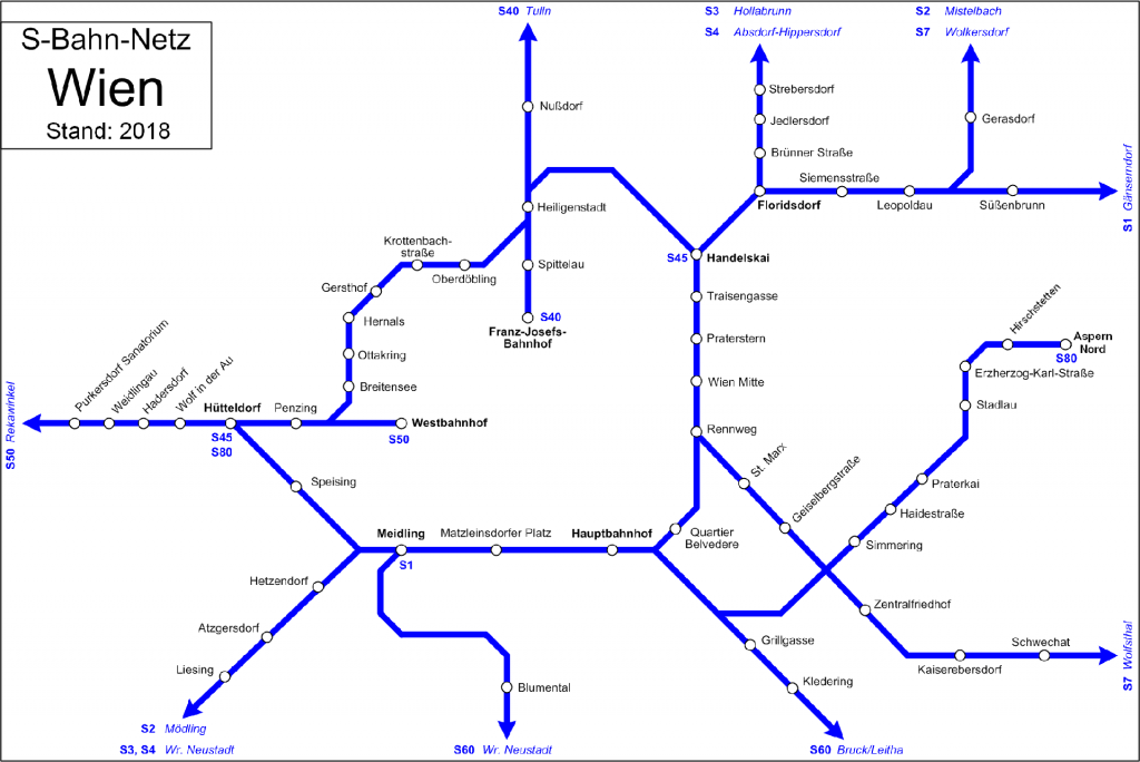 Das gesamte S-Bahn-Netz in Wien. Findest du die Stammstrecke? Foto: My Friend / Wikimedia Commons, CC BY-SA 3.0