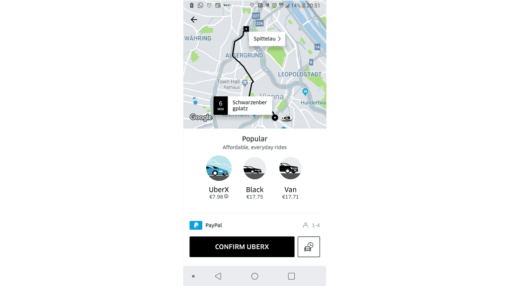 Screenshot der Testfahrt in der Uber-App