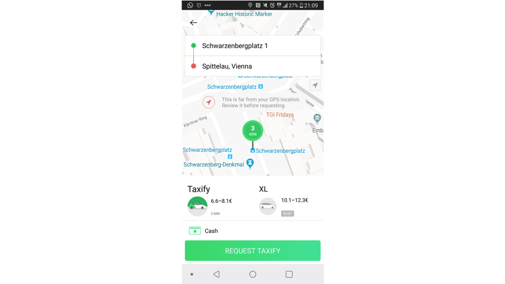 Screenshot der Testfahrt in Taxify
