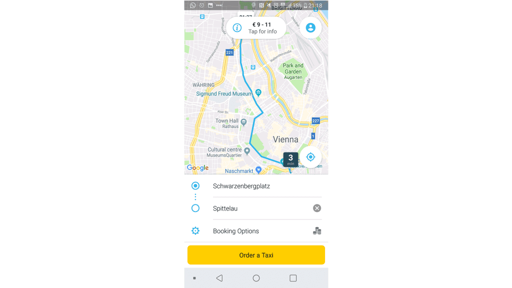 Screenshot der Testfahrt in der MyTaxi-App