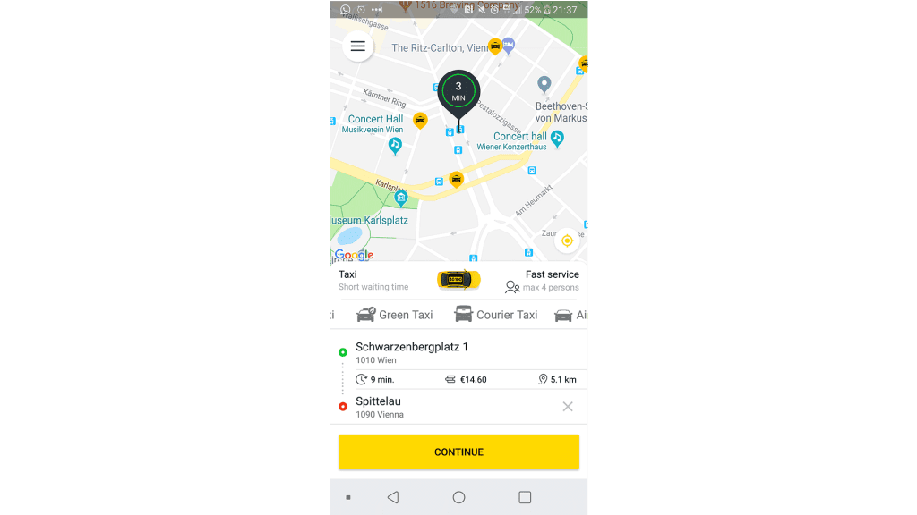 Screenshot der Testfahrt in der App von Taxi 40100